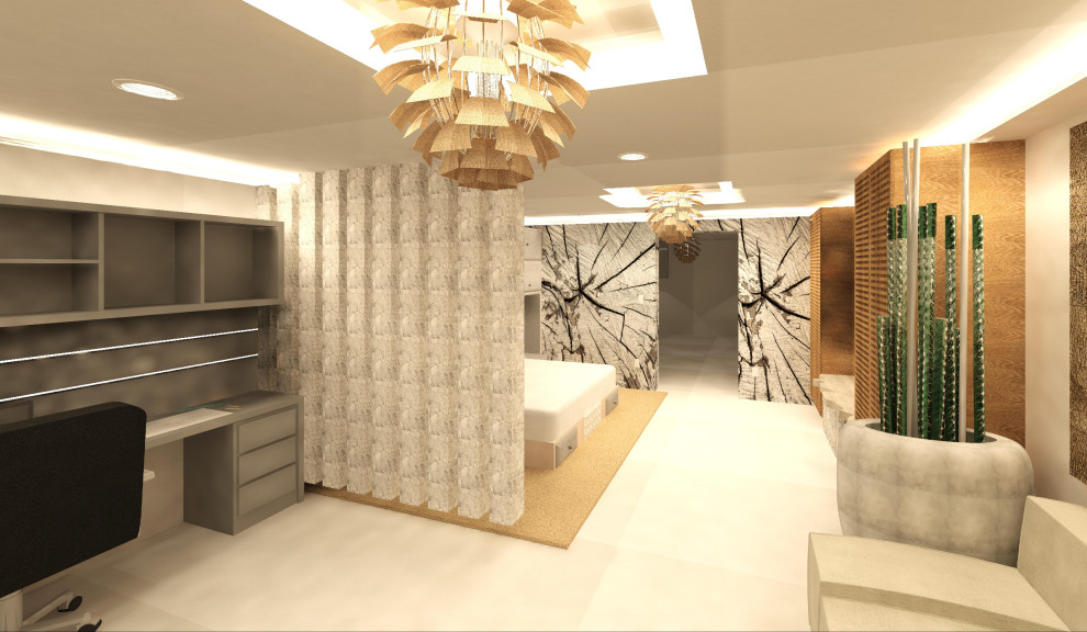 Mid-sized mediterranean master bedroom in Miami with beige walls, travertine floors, beige floor, vaulted and brick walls.