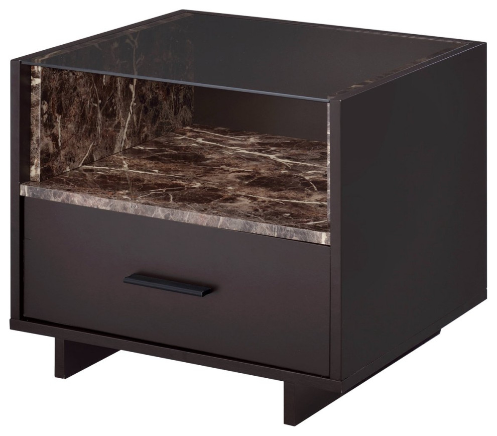 Contemporary Nightstand, Glass Top & Faux Marble Open Compartment, Espresso Contemporary