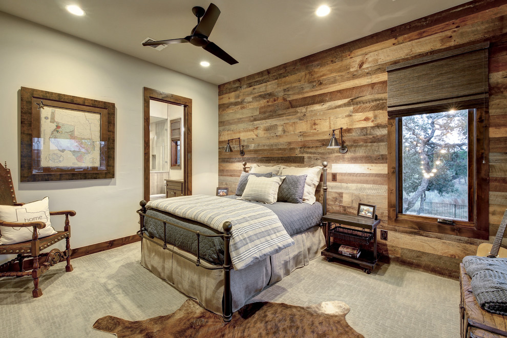 Design ideas for a country bedroom in Austin with white walls, carpet and beige floor.