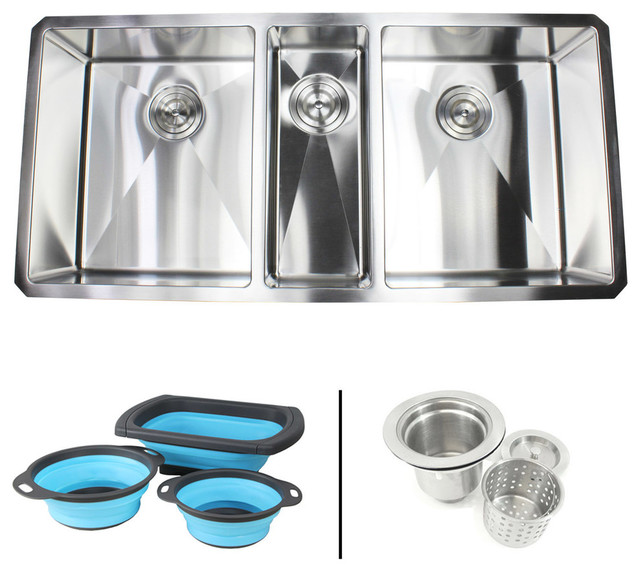 42" Undermount Stainless Steel Triple Bowl Kitchen Sink With Silicone