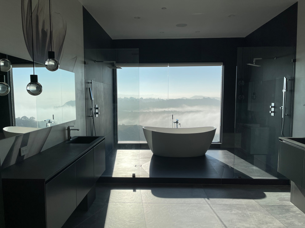 Design ideas for a large modern master bathroom in Los Angeles with glass-front cabinets, an open shower and an open shower.