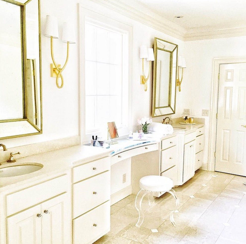 Large contemporary master bathroom in Nashville with white cabinets, white tile, white walls, ceramic floors, an undermount sink and beige floor.