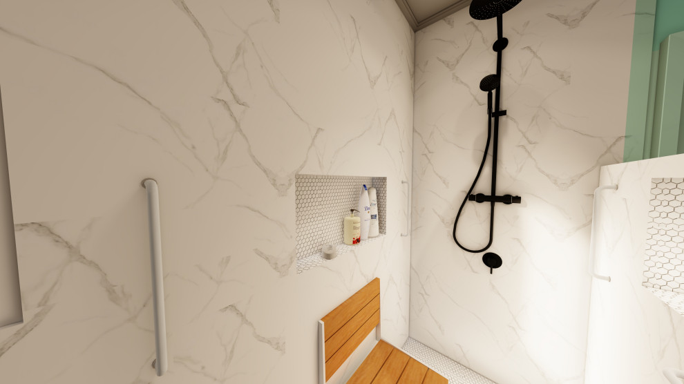 Exemple d'une petite salle de bain principale moderne avec meuble-lavabo encastré.