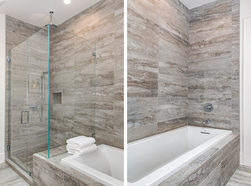 Design ideas for a mid-sized modern kids bathroom in San Francisco with a drop-in tub, a corner shower, gray tile, wood-look tile, grey walls, wood-look tile, grey floor and a hinged shower door.