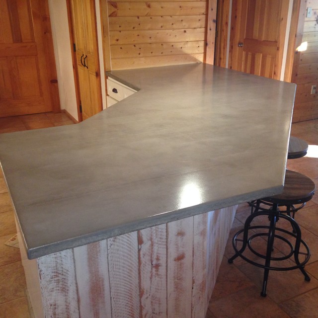Log Cabin Grey Concrete Countertops White Cabinets Country