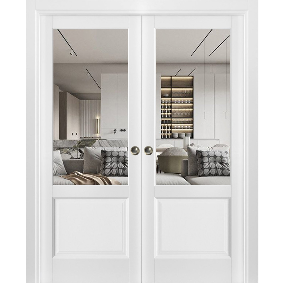 Sliding Double Pocket Doors, Lucia 1533 White & Clear Glass, Rails, 56 ...