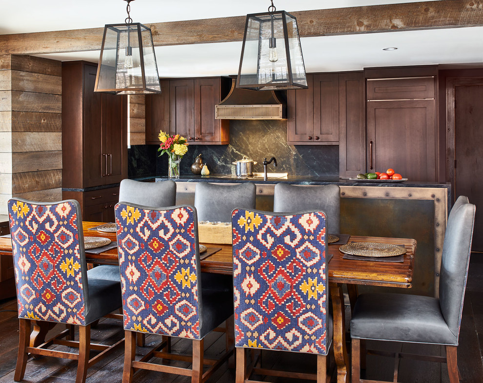 Kitchen/dining room combo - rustic dark wood floor kitchen/dining room combo idea in Denver