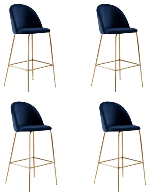 Millennial Brass Velvet Upholstered Dining Bar Stool, Royal Blue, Set of 4