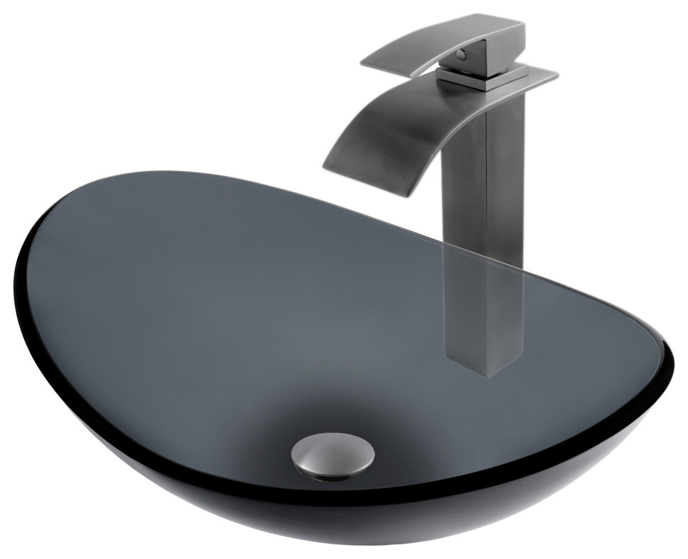 Bigio Clear Slate Grey Glass Vessel Bath Sink Combo with Faucet and