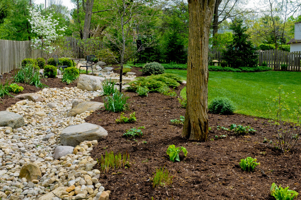 This is an example of a large traditional drought-tolerant and full sun backyard river rock lawn edging in Columbus.
