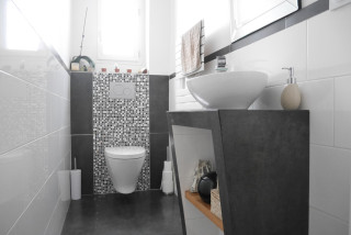 Photos et idées déco de WC et toilettes avec un plan de toilette en  carrelage et meuble-lavabo sur pied - Décembre 2023 | Houzz FR