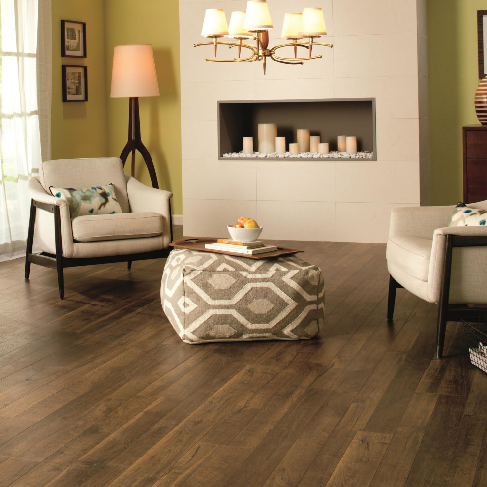 Modern living room with laminate floors and brown floor.
