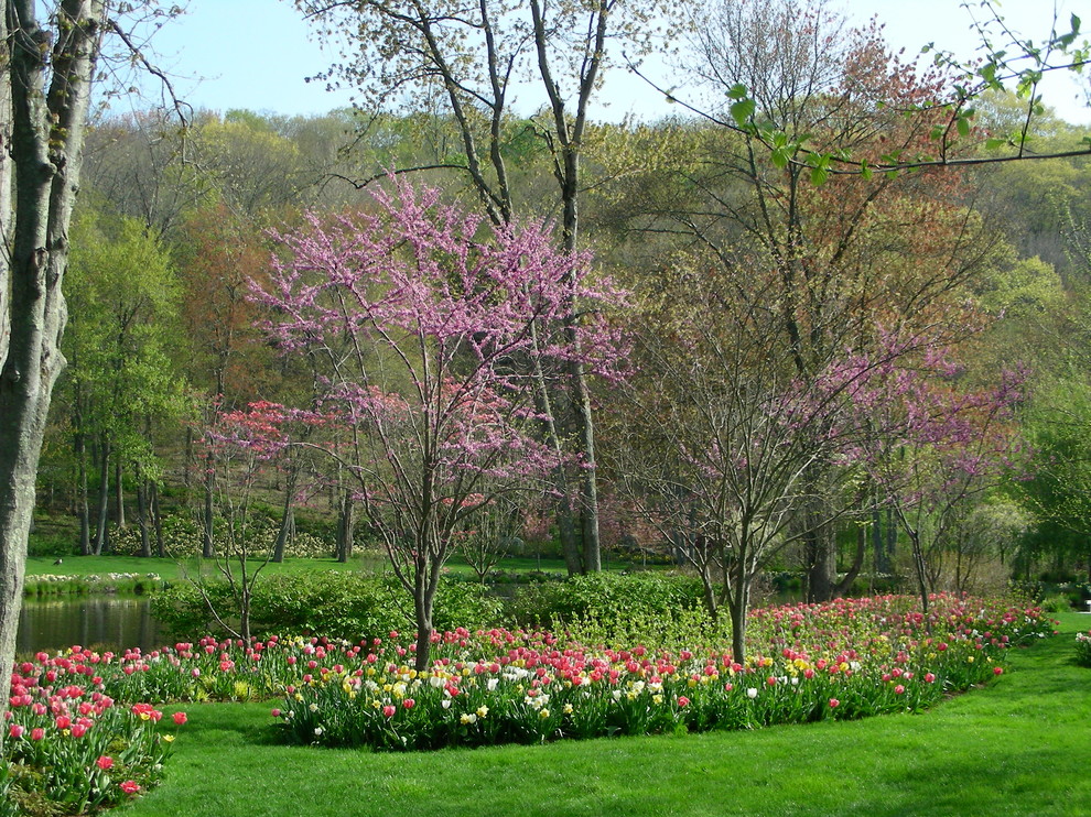 This is an example of a traditional garden in New York with with flowerbed.