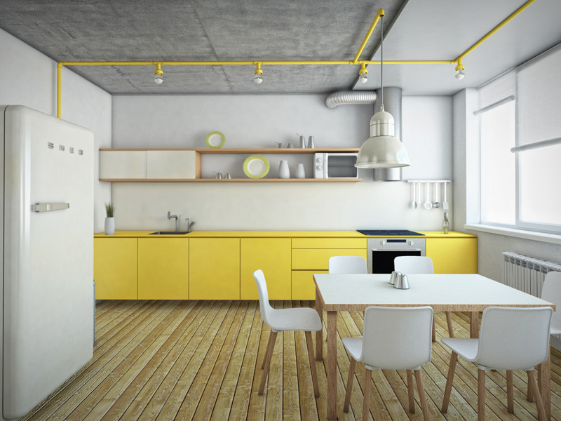 Aménagement d'une cuisine ouverte linéaire moderne de taille moyenne avec un placard à porte plane, des portes de placard jaunes, une crédence beige, sol en stratifié, îlot et un plan de travail jaune.