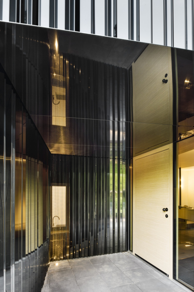 На фото: входная дверь среднего размера в стиле модернизм с черными стенами, одностворчатой входной дверью, входной дверью из светлого дерева, серым полом и панелями на стенах с