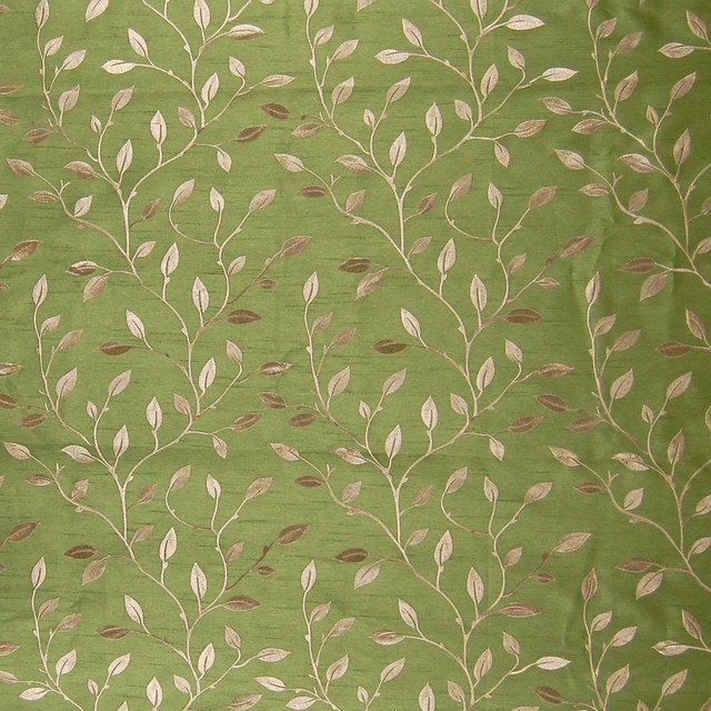 Leaf Green Asian Foliage Embroidery Faux Silk Upholstery Fabric