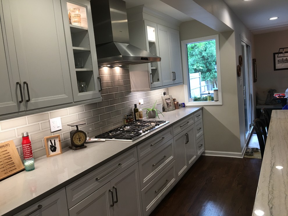 Open concept kitchen - large transitional u-shaped dark wood floor and brown floor open concept kitchen idea in Chicago with an undermount sink, flat-panel cabinets, white cabinets, quartz countertops, gray backsplash, ceramic backsplash, stainless steel appliances, an island and gray countertops