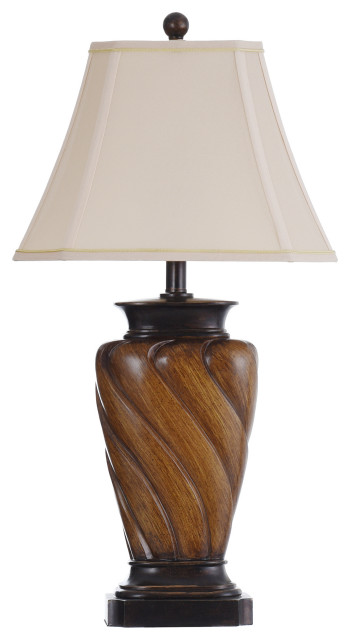Classic Table Lamp With Toffee Wood Finish and Rectangle Cut Corner Bell Shade