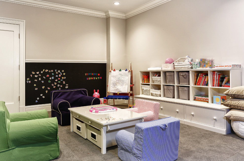 This is an example of a traditional kids' playroom in New York with grey walls and carpet.