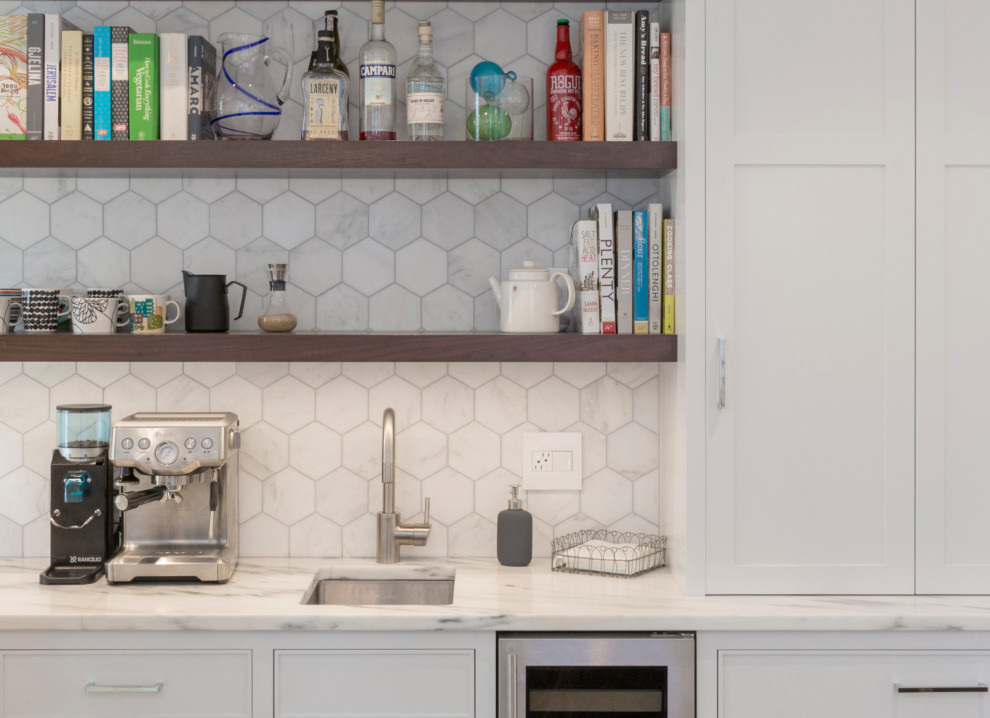 Mid-sized transitional kitchen pantry photo in Boston with beaded inset cabinets, white cabinets, marble countertops, gray backsplash, marble backsplash, stainless steel appliances, an island and white countertops