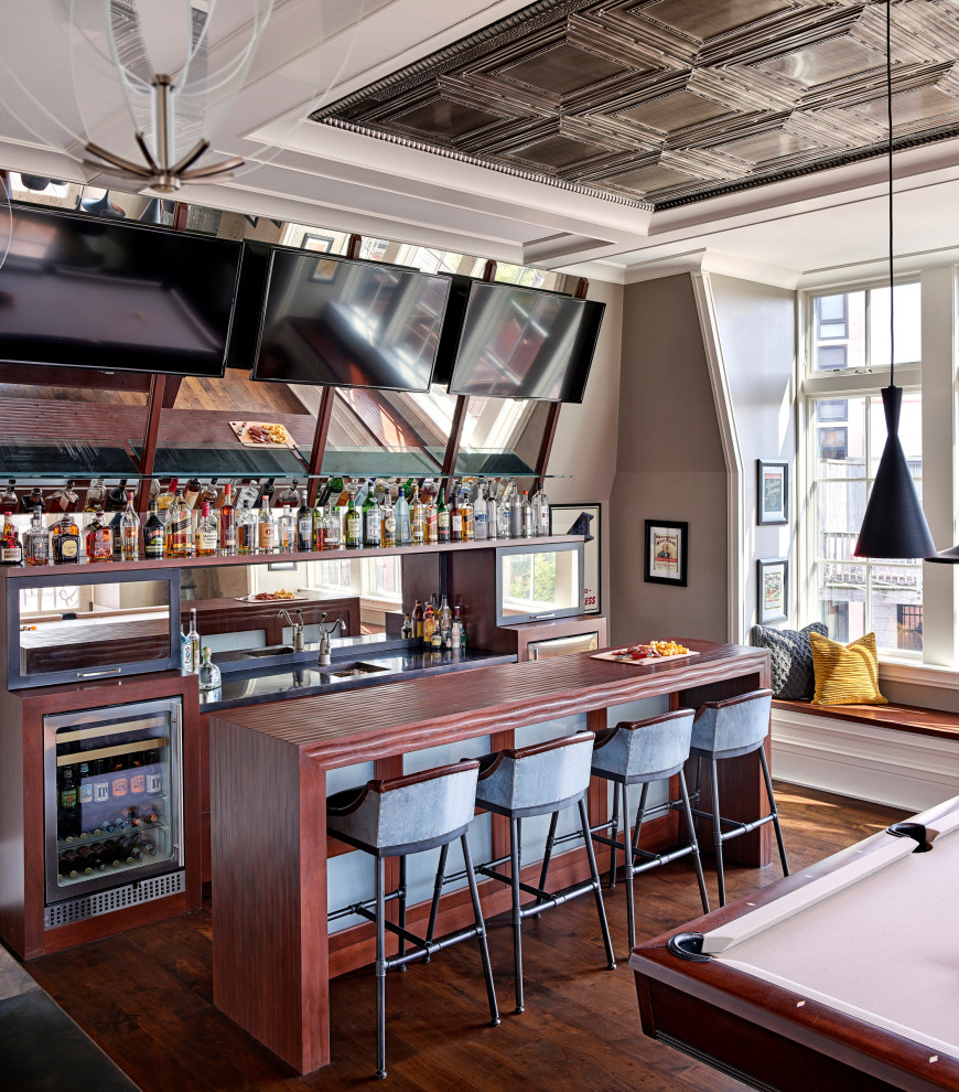 Inspiration for a transitional galley dark wood floor and brown floor seated home bar remodel in Chicago with an undermount sink and wood countertops