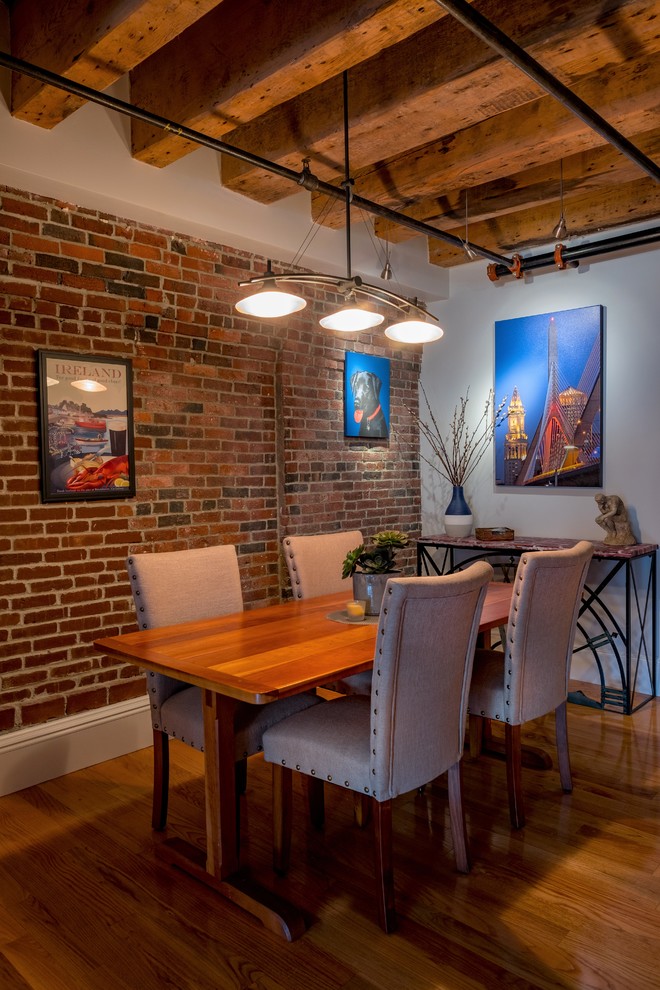 Photo of a mid-sized industrial open plan dining in Boston with white walls, light hardwood floors, no fireplace and beige floor.