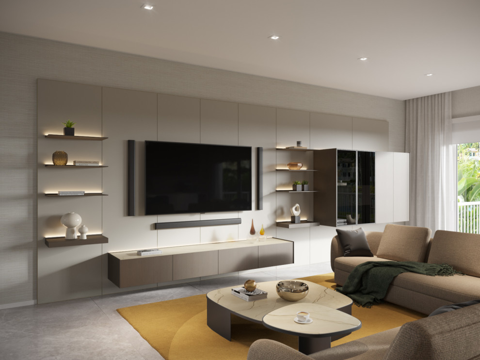 Diseño de sala de estar abierta actual grande sin chimenea con paredes beige, suelo de mármol, televisor colgado en la pared, suelo gris y papel pintado