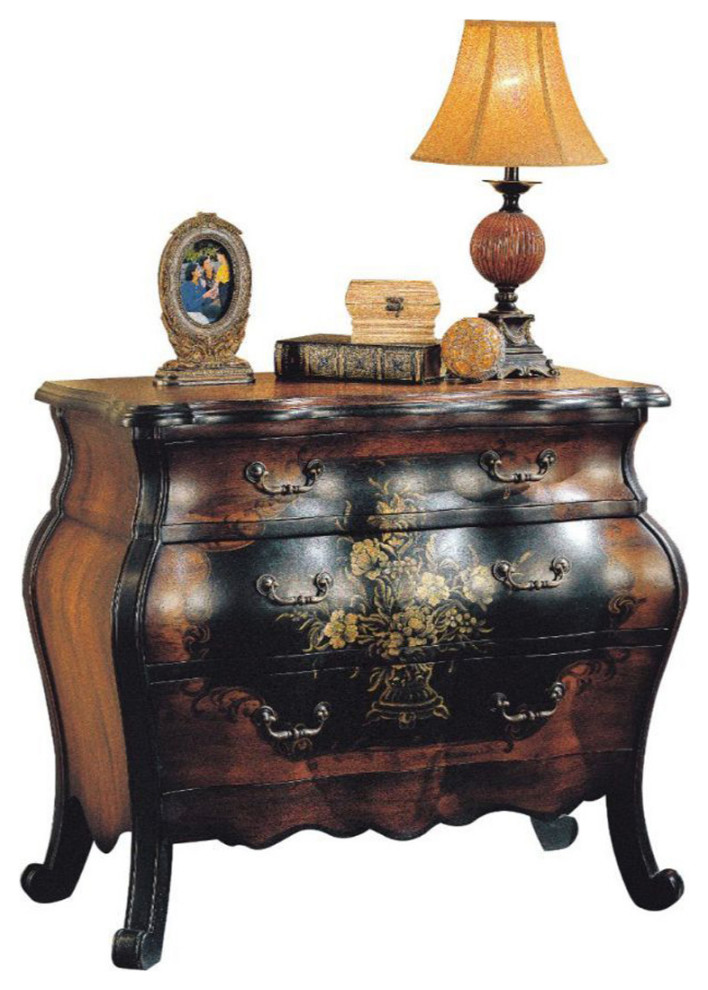 Wooden Bombay Chest with 3 Drawers, Antique Black and Oak Traditional