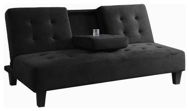 Tufted Futon Sofa Bed With Drop Down Cup Holder In Black Tufted Futon Sofa Bed With Drop Down Cup Holder In Black