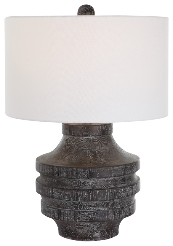 Fat Rustic Black Faux Wood Table Lamp 24 in Ribbed Carved Grain Organic Look