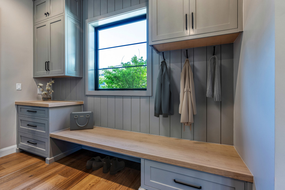 Built In Mudroom Bench & Gray Storage Cabinets | French Country Transitional Est