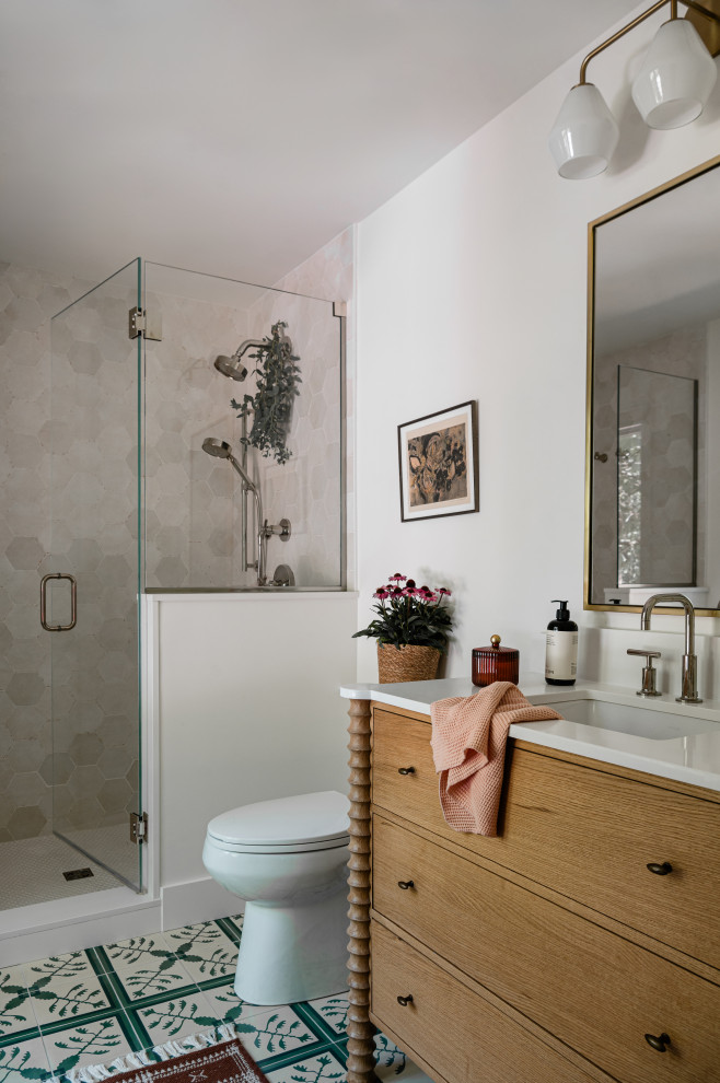 Mid-sized transitional kids' white tile and cement tile cement tile floor, green floor and single-sink doorless shower photo in Chicago with flat-panel cabinets, light wood cabinets, a one-piece toilet, white walls, an undermount sink, quartz countertops, a hinged shower door, white countertops and a freestanding vanity
