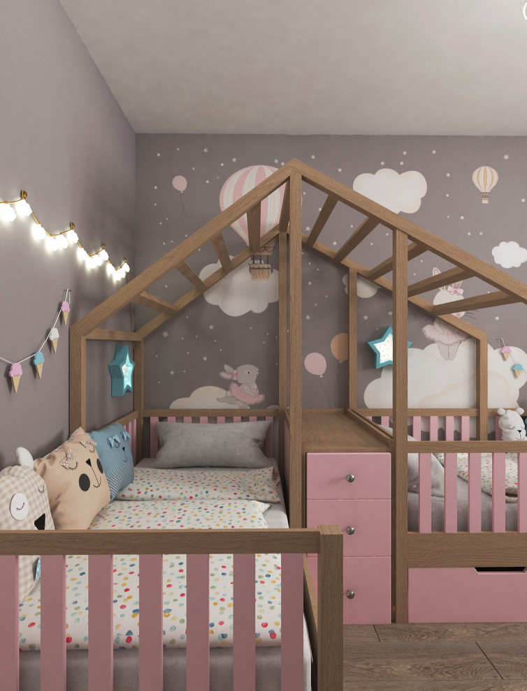 Детская комната с лесными фотообоями для близняшек