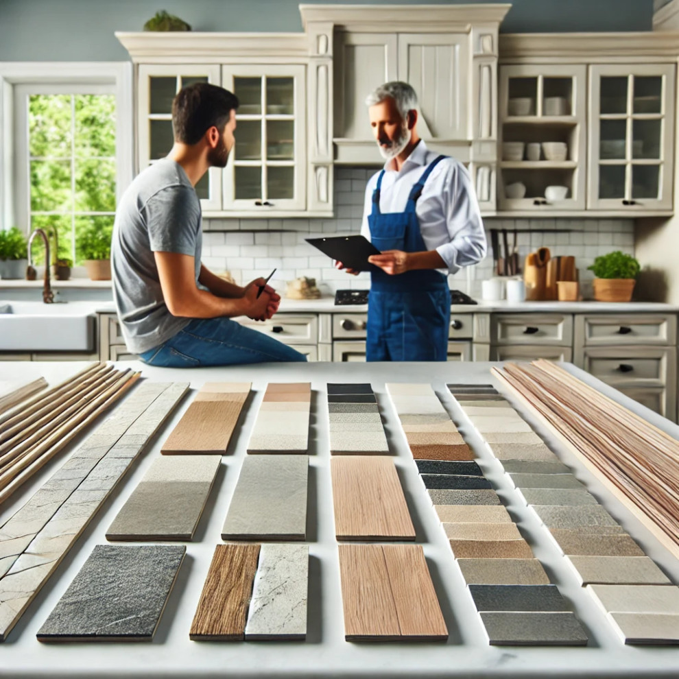 A modern kitchen remodel scene with a contractor and homeowner reviewing material samples on a sleek countertop. The bright space features clean cabinetry, natural light, and visible tools nearby.