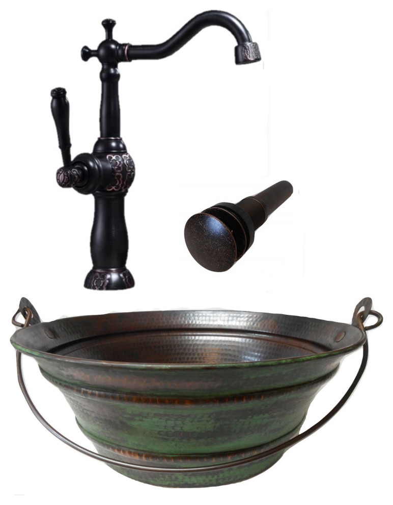 15" Copper Bucket Vessel Bath Sink Green Patina Exterior, ORB Faucet & Drain