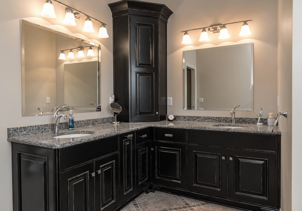 Design ideas for a mid-sized arts and crafts master bathroom in Other with raised-panel cabinets, distressed cabinets, granite benchtops and multi-coloured benchtops.