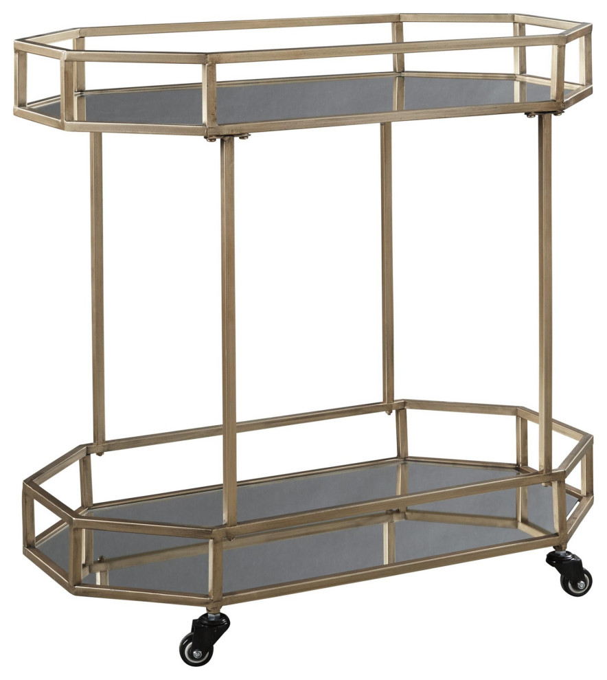 Octagonal Metal Bar Cart With Mirrored Top And Bottom, Silver And Gold
