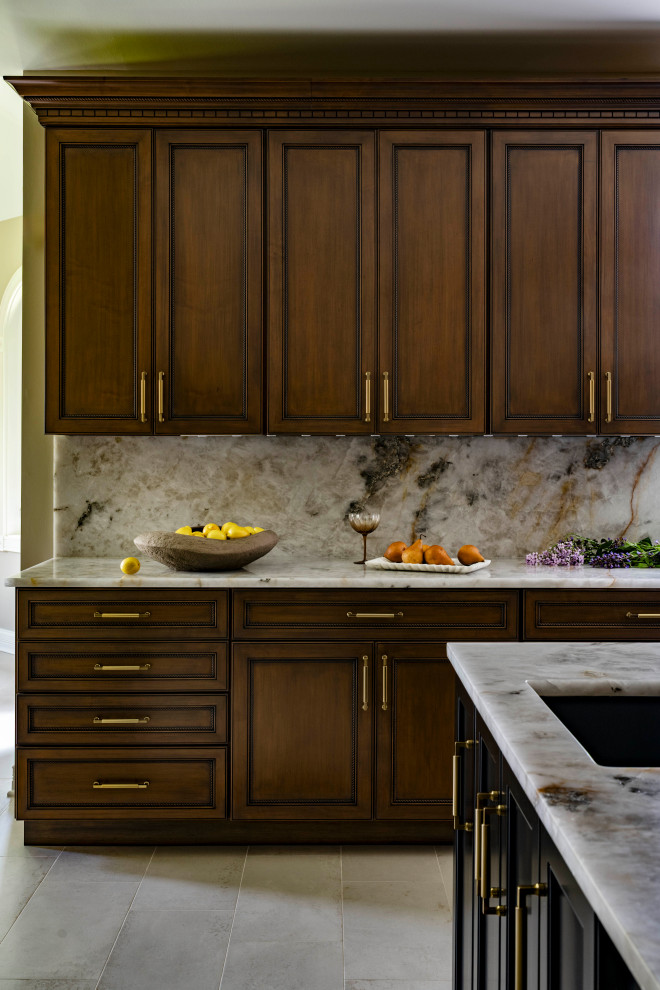 Large transitional porcelain tile eat-in kitchen photo in Chicago with an undermount sink, medium tone wood cabinets, quartzite countertops and multicolored countertops