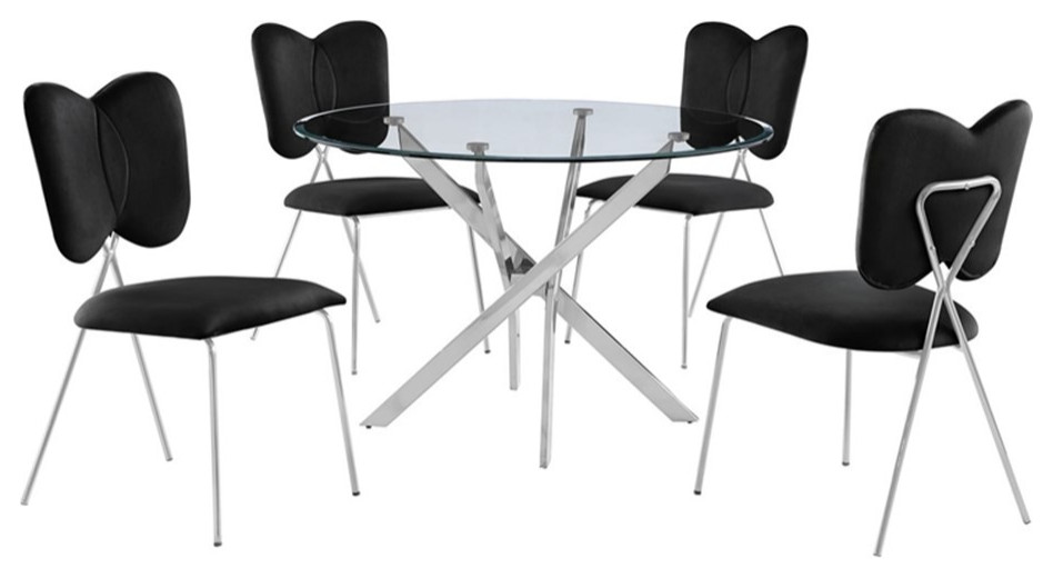 Round 45" x 45" 5pc Clear Glass Set with Black Chairs