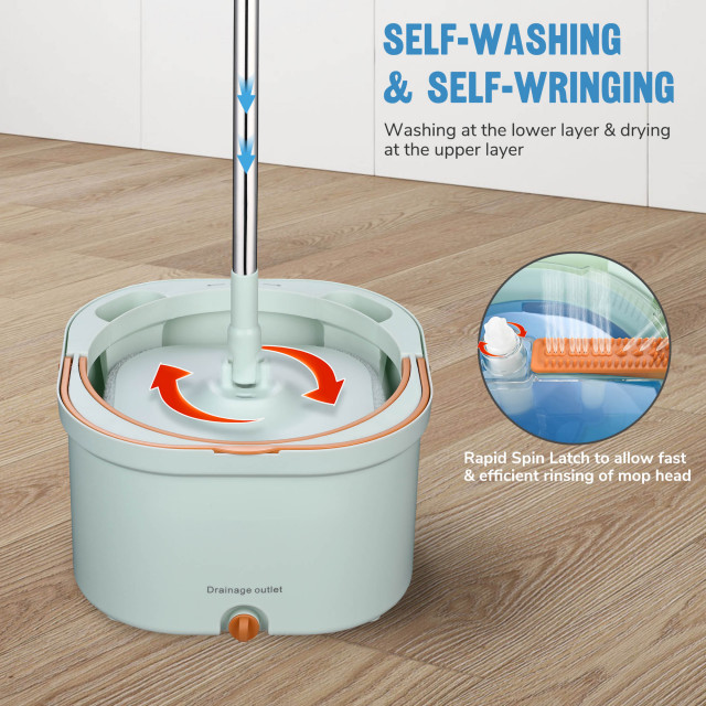 Self-Standing Spin Mop With Dual Bucket - Pink Mop With 6 Replacement Pads And Hidden Brush