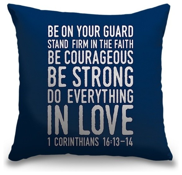 "1 Corinthians 16:13-14 - Scripture Art in White and Navy" Outdoor Pillow