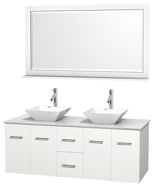 Centra 60" Matte White Double Vanity, Pyra White Porcelain, 58" Mirror