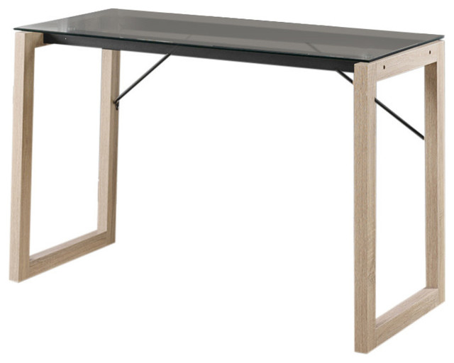 Irmo Computer Desk Black Glass Top Natural Wood Frame Black Glass Top Natural Wood Frame