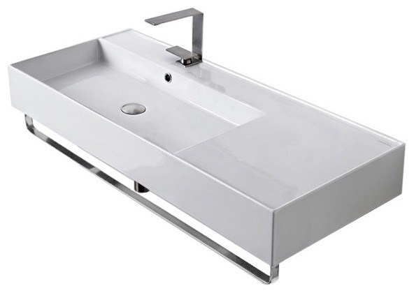 40" Ceramic Wall Mount Sink With Counter Space and Towel Bar, 1-Hole