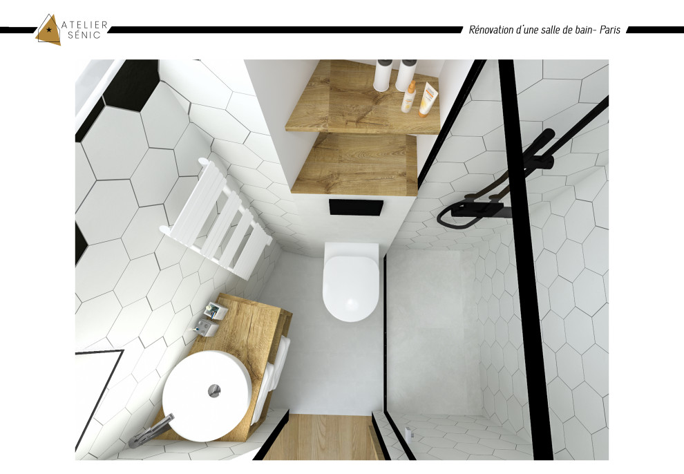 Small contemporary shower room bathroom in Paris with a wall mounted toilet, black and white tiles, ceramic tiles, white walls, concrete flooring, a vessel sink, wooden worktops, white floors and a single sink.