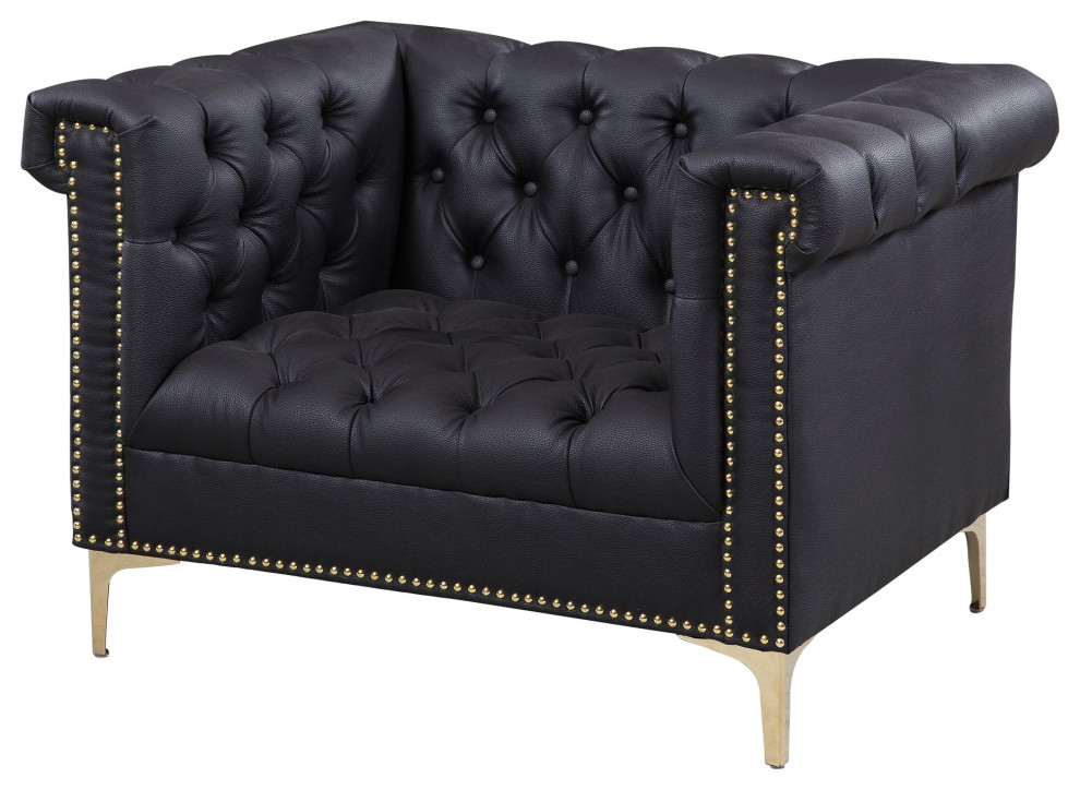 Contemporary Elegant Accent Chair, Gold Legs and Button Tufted PU Seat