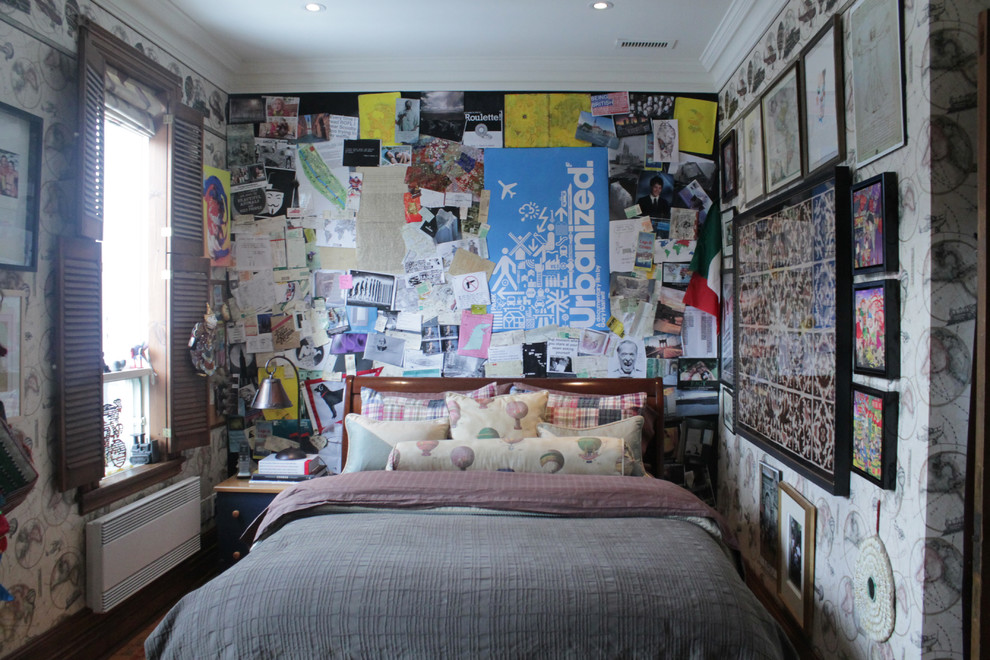 Inspiration for an eclectic bedroom in Montreal with multi-coloured walls.