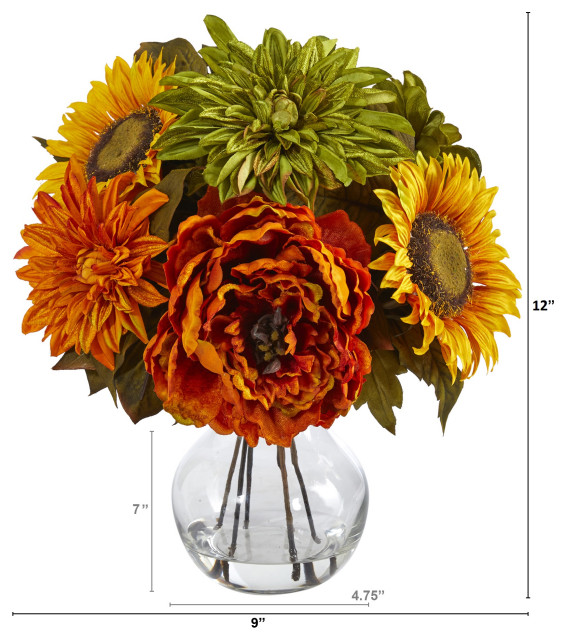 12" Peony, Dahlia and Sunflower Artificial Arrangement, Glass Vase ...