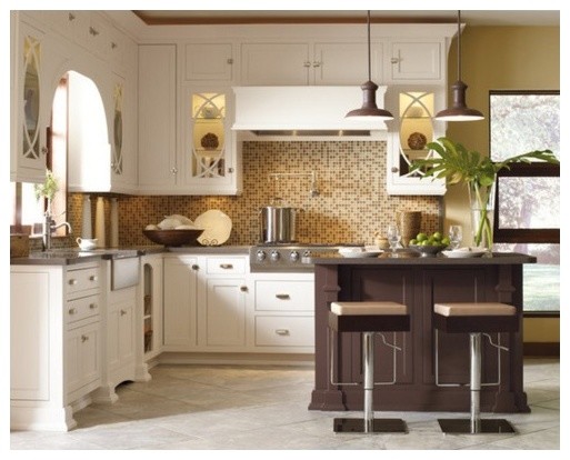 Inspiration for a small transitional l-shaped ceramic tile eat-in kitchen remodel in Toronto with a farmhouse sink, shaker cabinets, white cabinets, zinc countertops, multicolored backsplash, mosaic tile backsplash, stainless steel appliances and an island