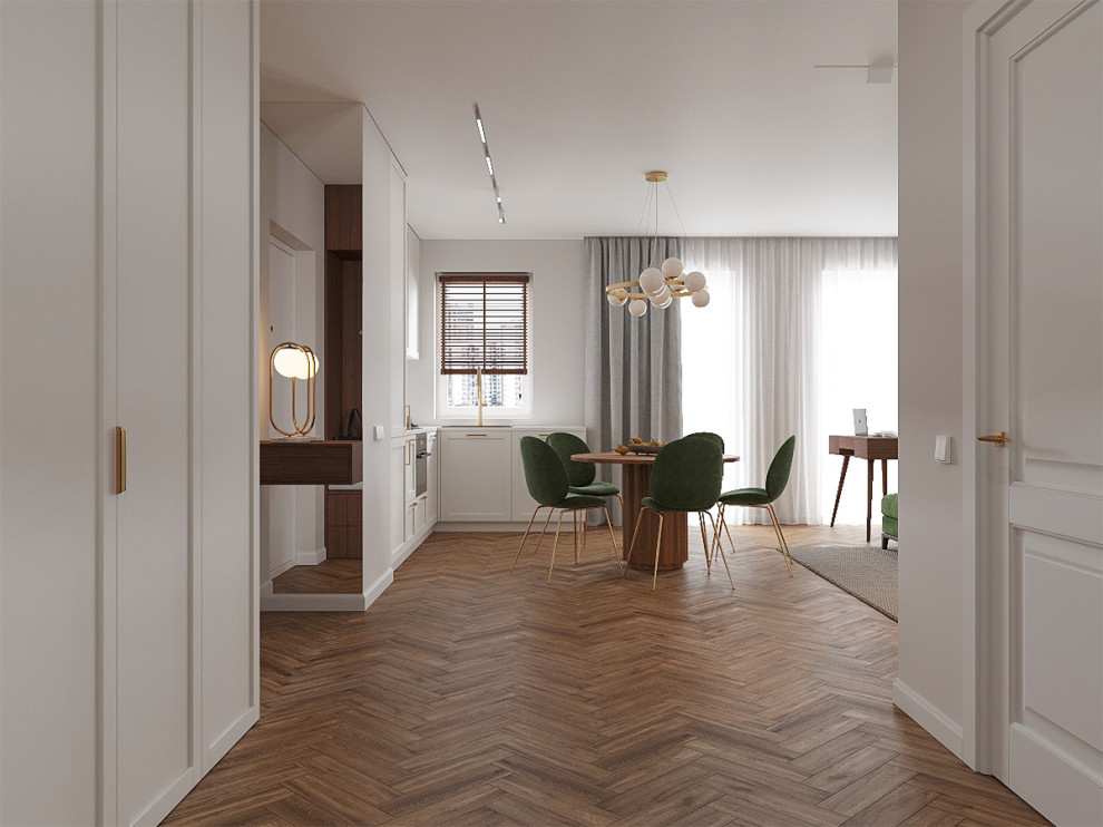 Неоклассический интерьер прихожей и кухни-гостиной